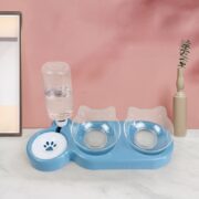 ظرف آب و غذای سه قلو سگ و گربه با آبخوری مخزن دار-آبی