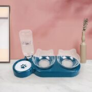 ظرف آب و غذای سه قلو سگ و گربه با آبخوری مخزن دار-سورمه ای