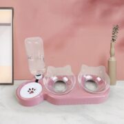 ظرف آب و غذای سه قلو سگ و گربه با آبخوری مخزن دار-صورتی