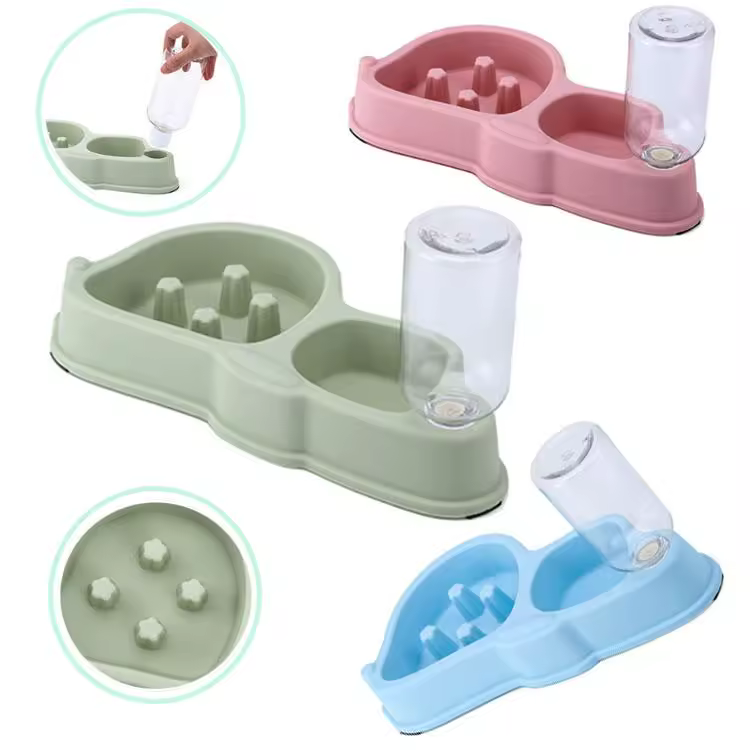 ظرف غذای دوقلو آرام خور سگ و گربه با بطری آب مدل روباه